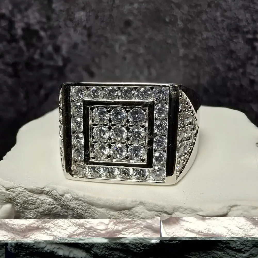 Men's 925 Sterling Silver Cubic Zirconia Square Signet Ring - Size 11